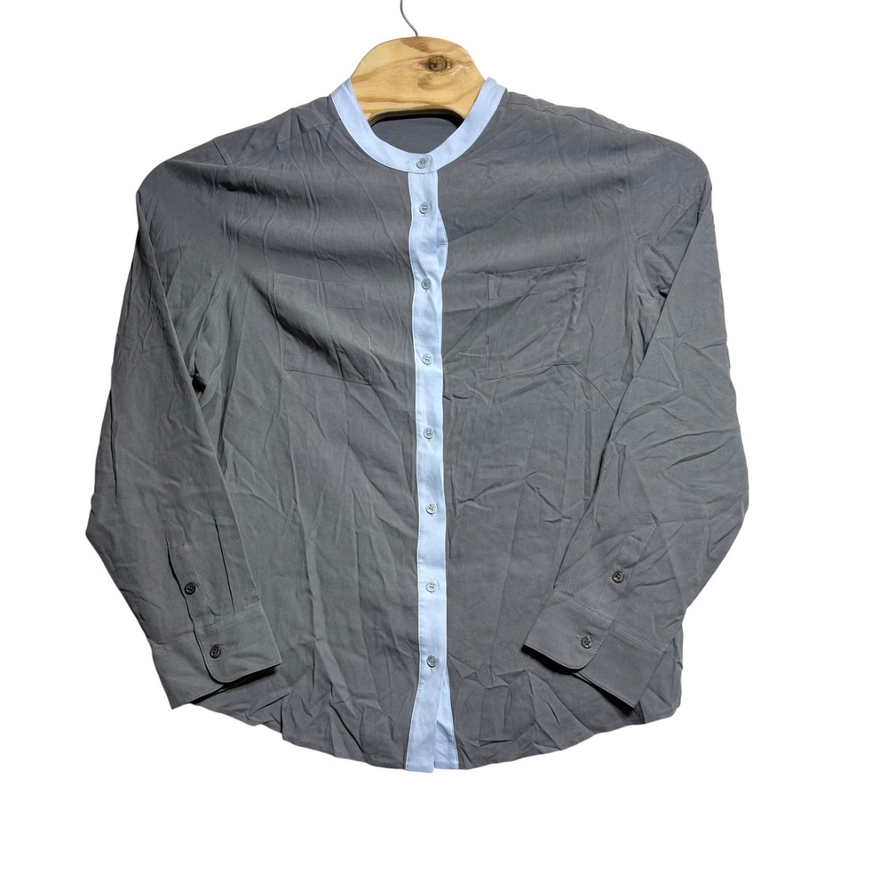Soft Surroundings 100% Silk Grey Band Collar Button Down‎ Blouse XL 325897